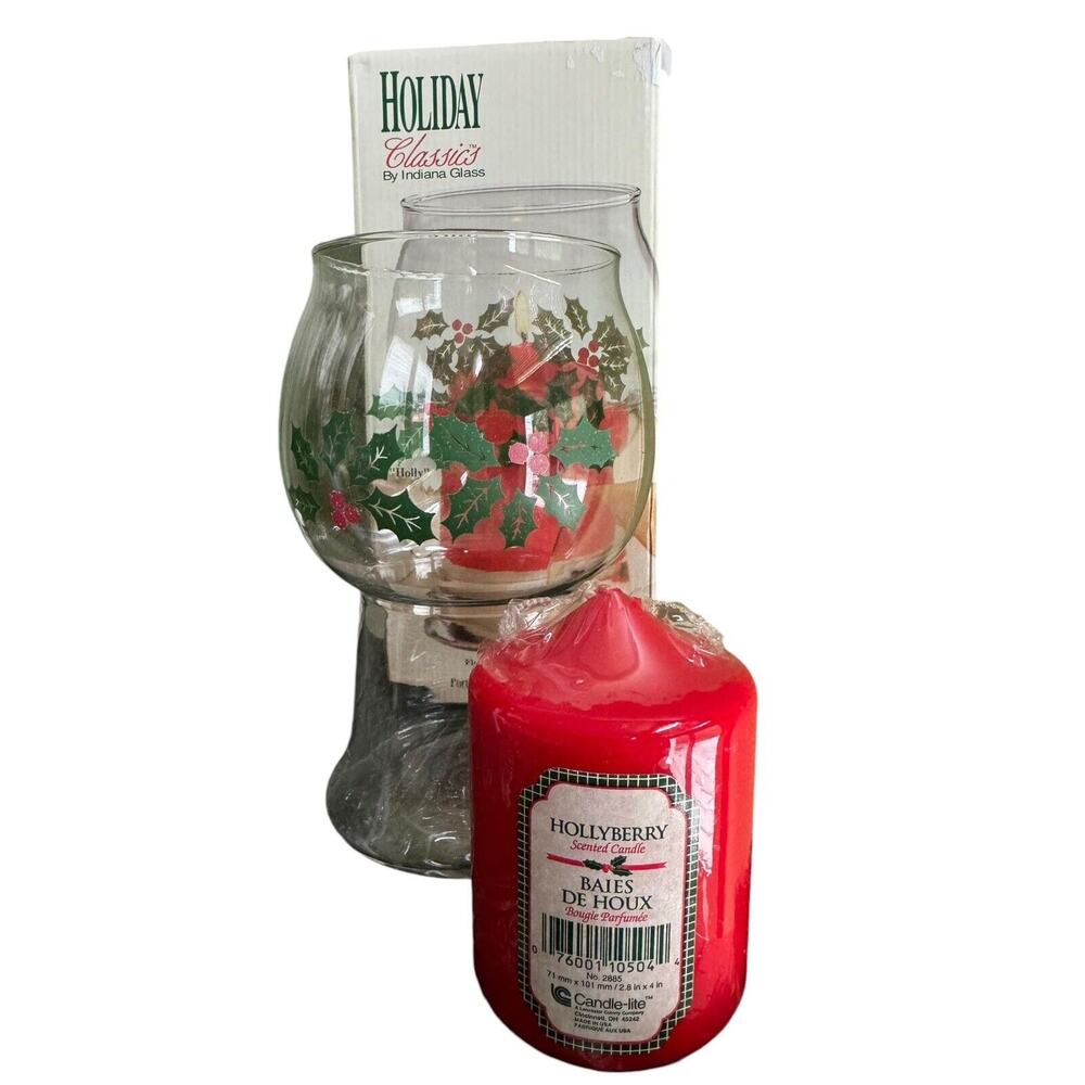 Floating Pillar Candle Holiday Classics Indiana Glass "Holly” Christmas‎ READ
